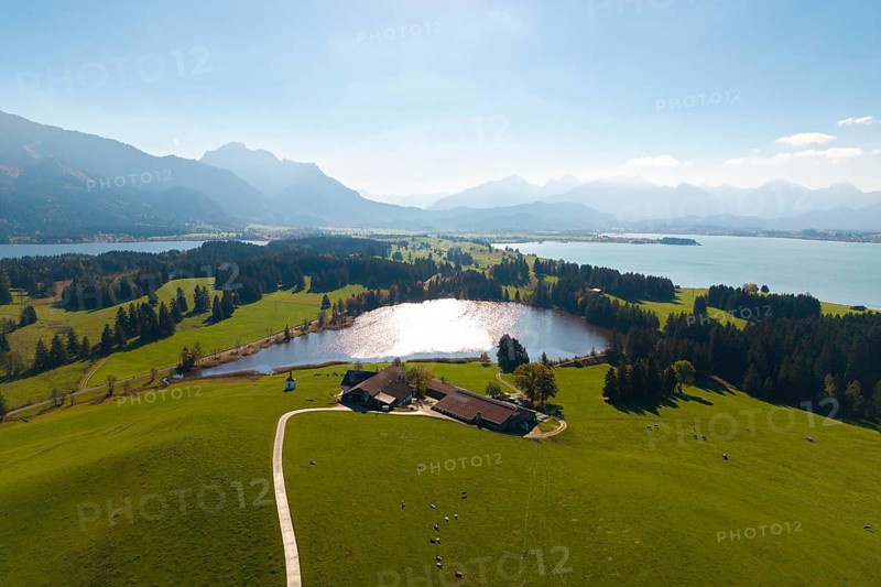 Large-scale view of hilly, wooded landscape with Hegratsried Lake and mountains, farm, near Füssen, Allgäu, Swabia, Bavaria, Germany