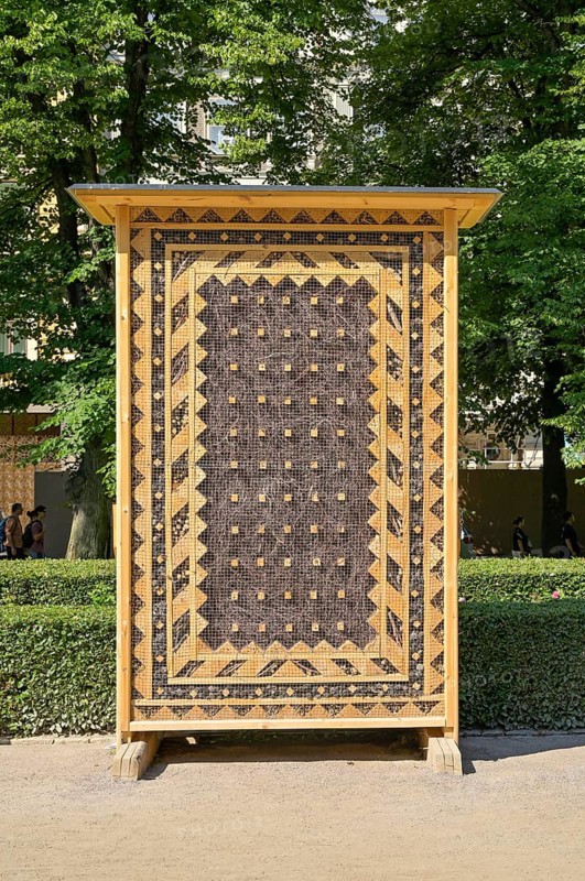 Artwork by Kalle Hamm and Dzamil Kamanger, insect hotel bug Rugs, 2025, Biennale, Esplanadi City Park, Eteläesplanadi, Pohjoisesplanadi, Old Town, Helsinki, Finland
