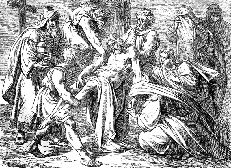 Abandoning of Jesus from the Cross, Gospel of Luke, chapter 24, crucifixion of Jesus, darkness, death, kingdom of God, Joseph, body of Jesus, grief, pain, help, New Testament, Bible, historical illustration 1877