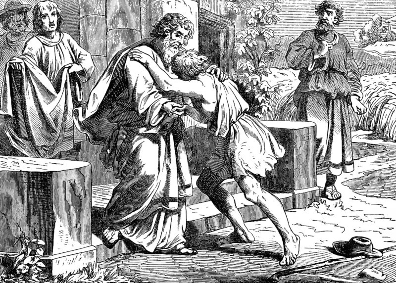 Return of the prodigal son and his father recording, Gospel of Luke, chapter 15, embrace, reconciliation, forgive, slaughter calf, new clothes, finger touch, rediscover, older son, anger, horror, New Testament, Bible, historical illustration 1877