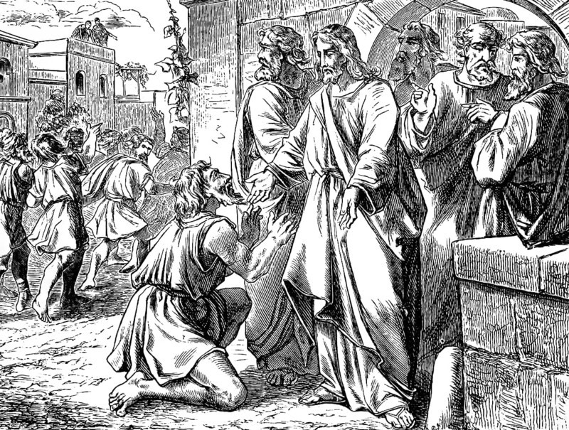 The grateful Samaritan, market in Galilee, Gospel of Luke, chapter 17, lepers, have mercy on us, praise God, thank you, kneel down, crowd, Jesus, New Testament, Bible, historical illustration 1877