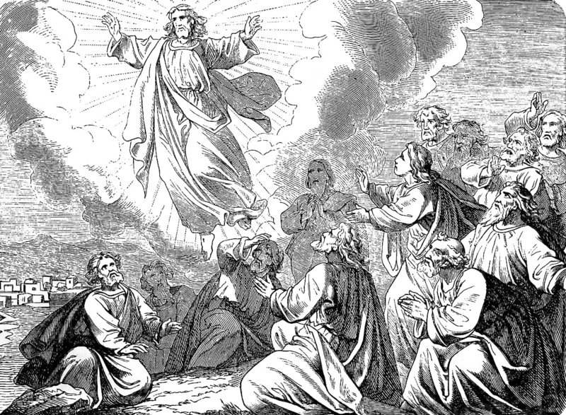 The Ascension of Jesus, Jerusalem, Bethania, Gospel of Luke, chapter 24, to heaven, float, praise God, light, enlightenment, Christian holiday, New Testament, Bible, historical illustration 1877