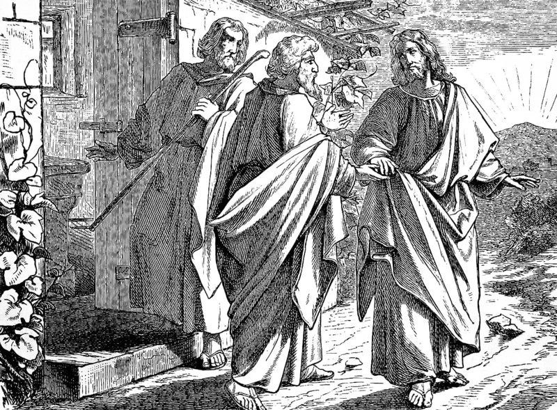 Stay with us for it will be evening, Gospel of Luke, chapter 24, house, entrance, stop in, open eyes, recognize, break bread, New Testament, Bible, historical illustration 1877