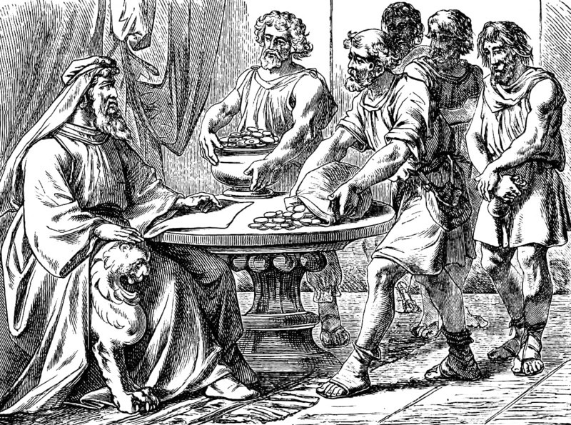The pounds entrusted to the servants, who gave him, Gospel of Luke, chapter 19, mandate to increase money, trust, fortune, round table, coins, money bag, power, cities, sweat cloth, New Testament, Bible, historical illustration 1877