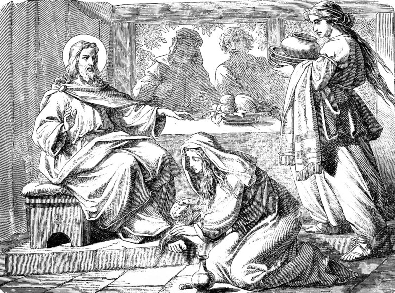 The sinner anoints Jesus' feet in the house of the Pharisee Simon, Gospel of Luke, chapter 7, sinner, tears wetting Jesus' feet, hair drying feet, kisses, forgiveness of sins, faith, peace, New Testament, Bible, historical illustration 1877