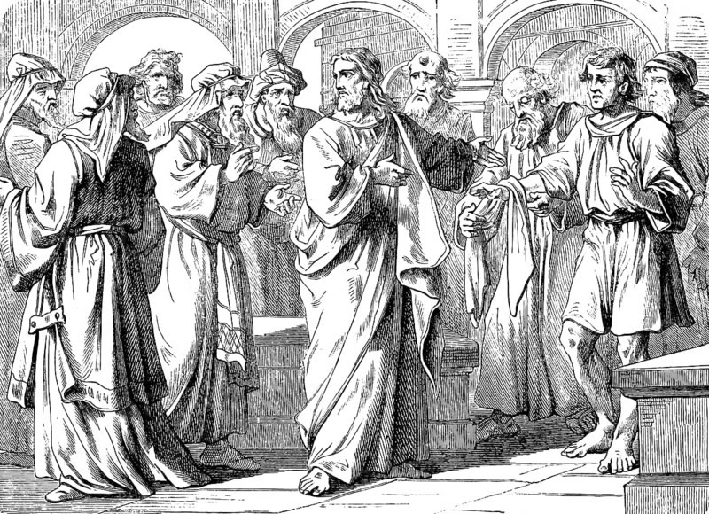 Jesus heals the withered hand, Gospel of Luke, chapter 6, healing, illness, group, wonder, cloth, New Testament, Bible, historical illustration 1877