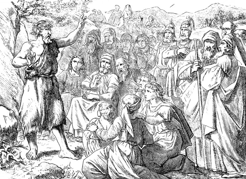 What should we do? The penitential sermon of John the Baptist on the Jordan, Gospel of Luke, chapter 3, baptism with water, forgiveness of sins, Herod, repentance, speech, people, warriors, questions, tax collectors, New Testament, Bible, historical illustration 1877