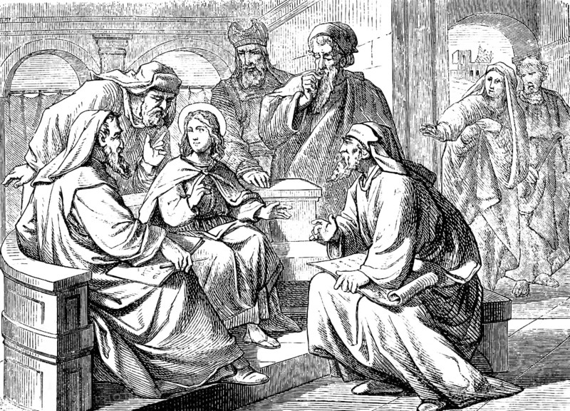 The twelve-year-old Jesus in the temple with teachers, Jerusalem, Gospel of Luke, chapter 2, child full of wisdom, grace, priest, parents looking for son Jesus, New Testament, Bible, historical illustration 1877