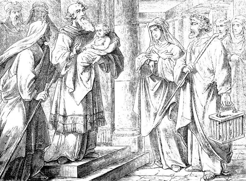 The pious and godly Simeon and the prophetess Anna in Jerusalem, Gospel of Luke, chapter 2, holy spirit, temple, Mary and Joseph, baby in arms, New Testament, Bible, historical illustration 1877