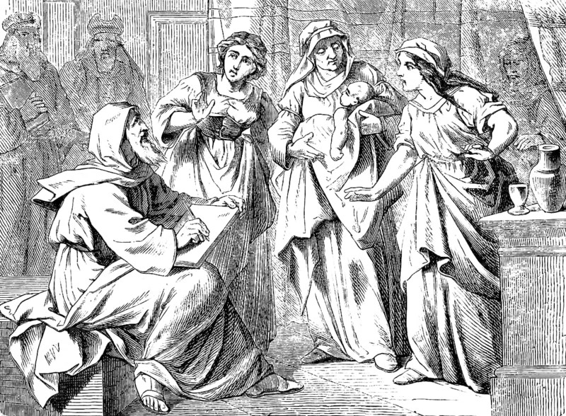 Zacharias wrote and spoke his name is John, Gospel of Luke, chapter 1, Elizabeth with baby, scribe, naming, scroll, entry, book, interior, New Testament, Bible, historical illustration 1877