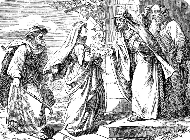 Mary visits Elizabeth, Gospel of Luke, chapter 1, pregnancy Elizabeth, son Zacharias, son John, father, walking stick, greeting, New Testament, Bible, historical illustration 1877