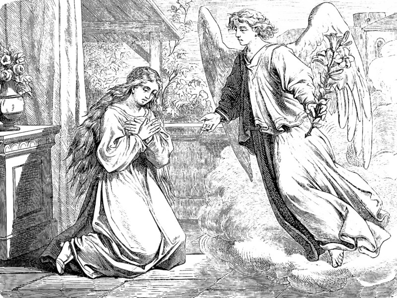 The angel announces the birth of Jesus to the Virgin Mary, Gospel of Luke, chapter 1, porch, building, on knees, New Testament, Bible, historical illustration 1877