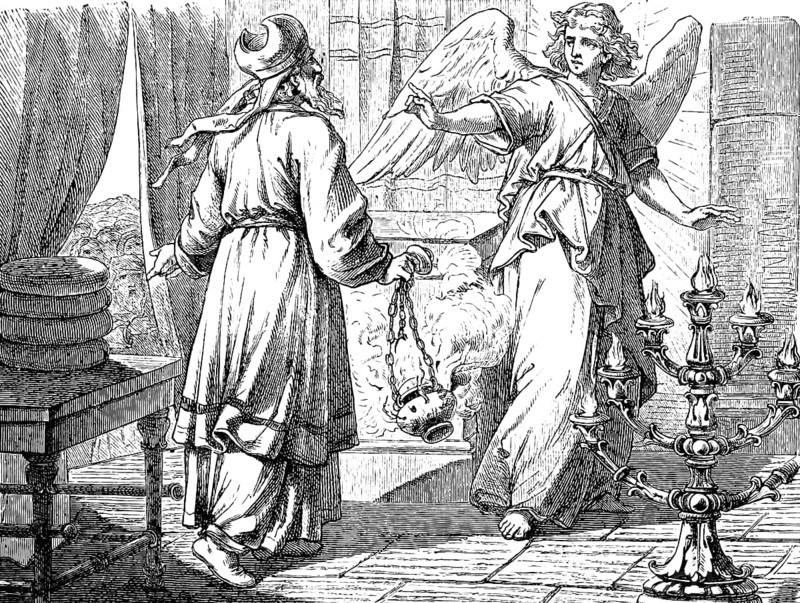 An angel announces the birth of John the Baptist to the pious priest Zacharias, Gospel of Luke, chapter 1, temple, the Lord, incense altar, fear, angel, son John, candelabra, New Testament, Bible, historical illustration 1877