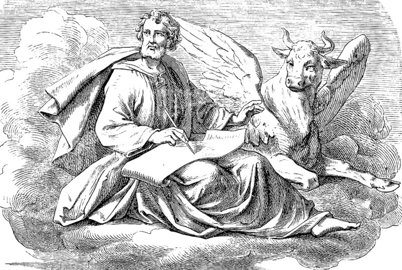 Symbolic image for introduction to the Gospel, Gospel of Luke, Apostle Luke with bull, wing, symbol, sacrifice, evangelist, ox, cloud, scroll, pen, writing, New Testament, Bible, historical illustration 1877