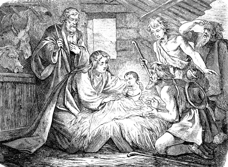 The visit of the shepherds to Bethlehem, birth of Jesus, glory to God in the highest and peace on earth, chapter 2, crib, hay, Mary and Joseph, Gospel of Luke, city of David, donkey, cow, stable, savior born, New Testament, Bible, historical illustration 1877