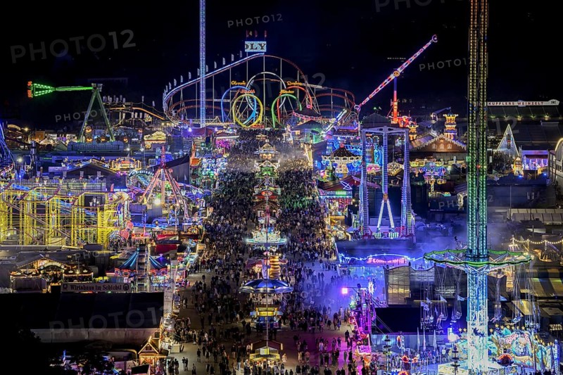 View of Oktoberfest from St. Paul's Catholic Church, Blue Hour, Munich, Bavaria, Germany