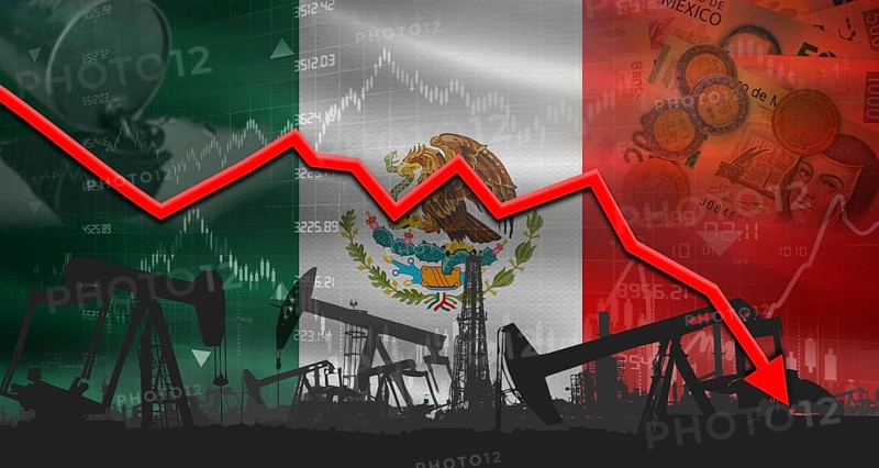 Fall oil price with flag of Mexico on economic chart, Petrol crisis with Mexico flag on financial graph