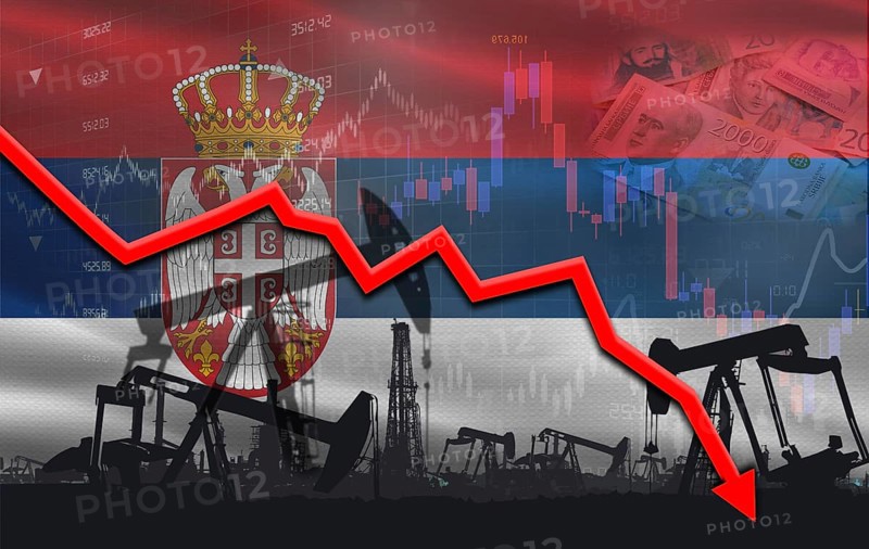 Petroleum crisis with Serbia flag on financial graph. Fall oil price with flag of Serbia on economic chart