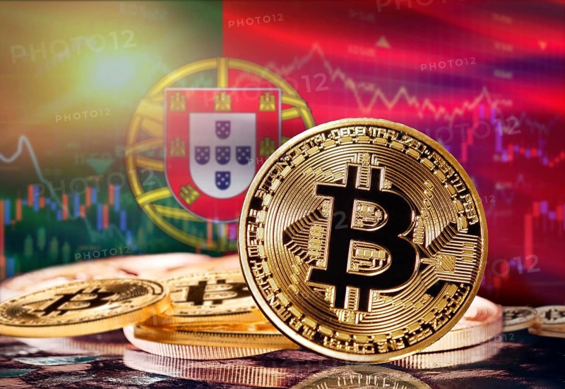 Bitcoin with Portugal flag in the background. Investors in cryptocurrency and Blockchain Technology in Portugal, Concept