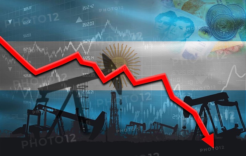 Petroleum crisis with Argentina flag on financial graph. Fall oil price with flag of Argentina on economic chart