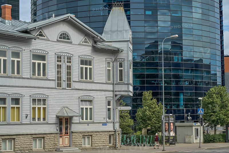 Modern office building, high-rise building, small old building, wooden house, Maakri-Kvartal business district, Liivalaia, Tallinn, Estonia