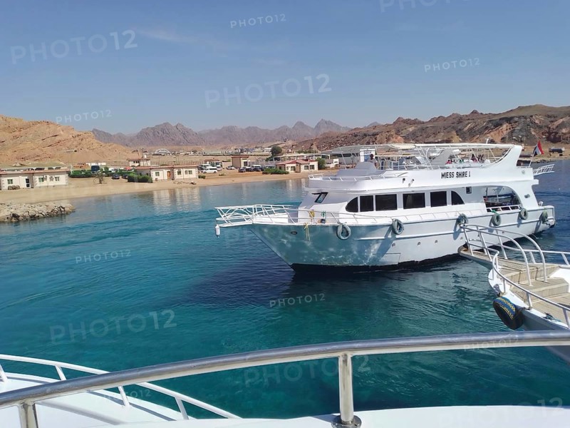 A berth for tourist yachts at the seaport of the resort town of Sharm el-Sheikh. From here, tourists and travelers embark on boat trips offering a variety of leisure and recreational programs, including diving and snorkeling in the Ras Mohammed Marine Reserve and a cruise to the tropical White Island in the crystal-clear turquoise azure waters of the Red Sea. The desert and mountains of the Sinai Peninsula are visible in the background. South Sinai, Sharm el-Sheikh, Egypt