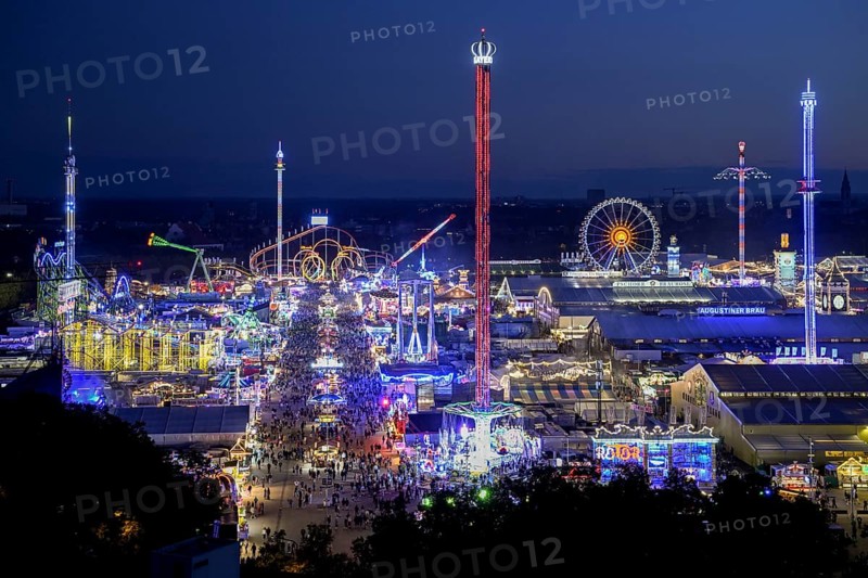 View of Oktoberfest from St. Paul's Catholic Church, Blue Hour, Munich, Bavaria, Germany