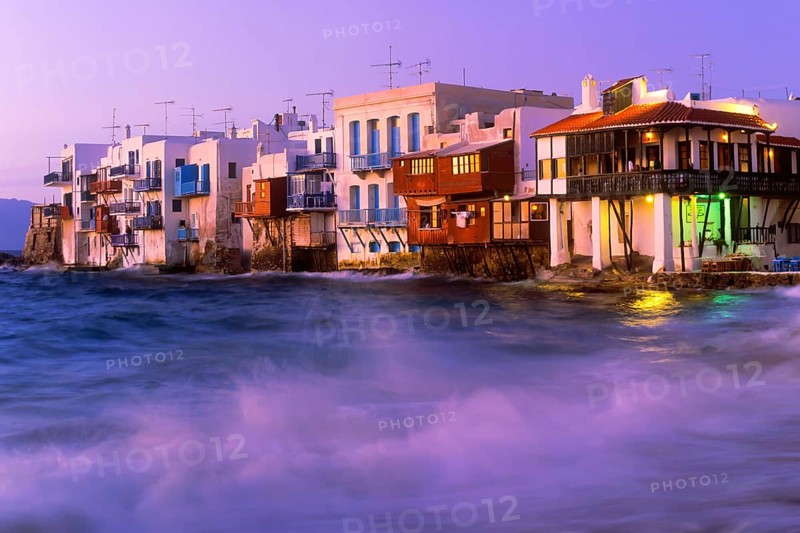 Little Venice, houses by the sea in the old town of Mykonos, Cyclades, Greece