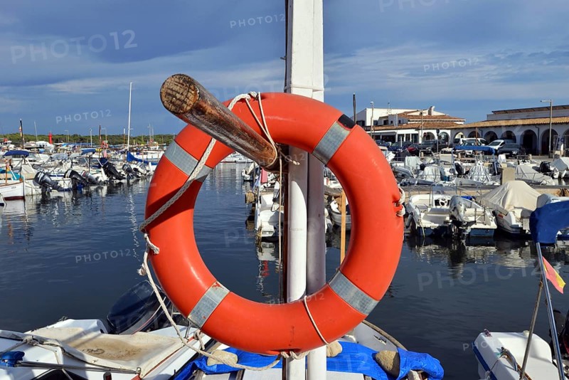 Lifebuoy in the harbor of Colonia Sant Jordi, Majorca, Balearics, Spain