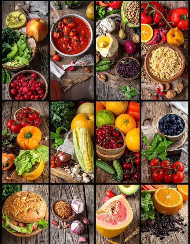 Food collage of various biological and organic fruits and vegetables, fresh healthy lifestyle, with a variety of vitamins, citrus fruits, green and red organic vegetables, kiwi, bananas, apple, avocados, tomatoes and green salad, symbolic background illustration for banner, template or wallpaper, AI generated