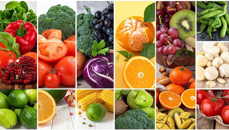 Food collage of various biological and organic fruits and vegetables, fresh healthy lifestyle, with a variety of vitamins, citrus fruits, green and red organic vegetables, kiwi, bananas, apple, avocados, tomatoes and green salad, symbolic background illustration for banner, template or wallpaper, AI generated