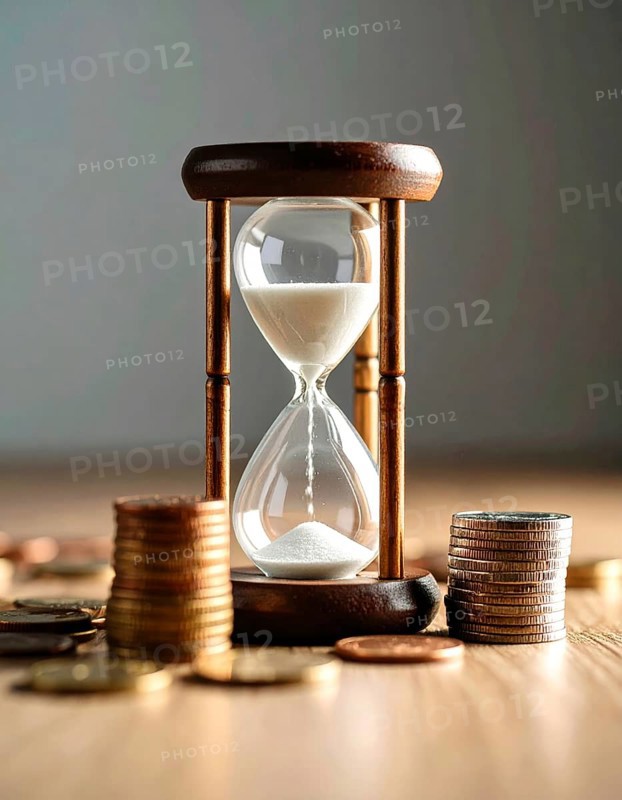 Hourglass and stacked golden coins, illustrating currency fluctuation and time impact commodities value, symbolizing fluctuating finance market changes, business setting, glass with sand on wooden table in the office, blurred background, wallpaper illustration, AI generated