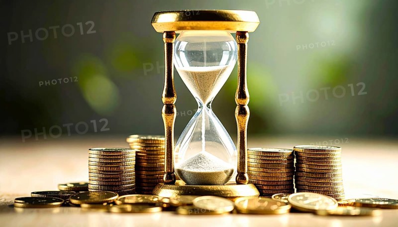 Hourglass and stacked golden coins, illustrating currency fluctuation and time impact commodities value, symbolizing fluctuating finance market changes, business setting, glass with sand on wooden table in the office, blurred background, wallpaper illustration, AI generated