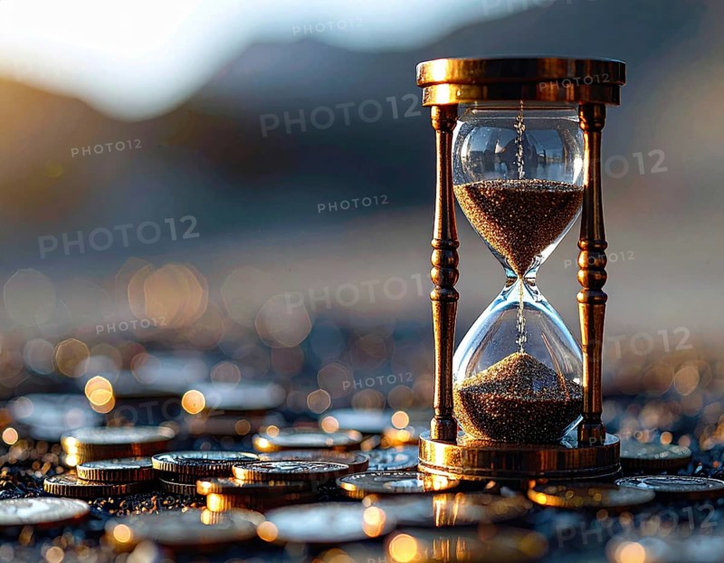Hourglass and stacked golden coins, illustrating currency fluctuation and time impact commodities value, symbolizing fluctuating finance market changes, business setting, glass with sand on wooden table in the office, blurred background, wallpaper illustration, AI generated