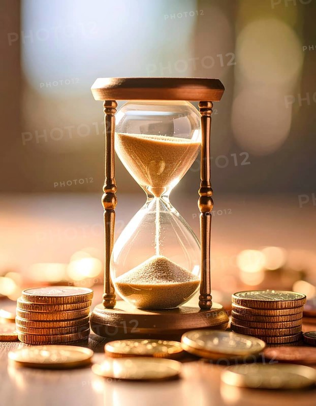 Hourglass and stacked golden coins, illustrating currency fluctuation and time impact commodities value, symbolizing fluctuating finance market changes, business setting, glass with sand on wooden table in the office, blurred background, wallpaper illustration, AI generated