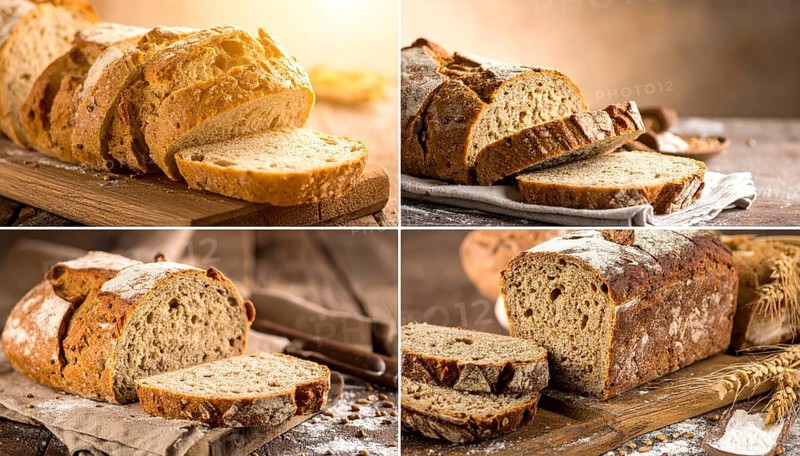 Collage of rustic loaf of whole grain bread, bread on dark rustic wooden table, great variety of grain and whole wheat bread, illustration wallpaper for bakery and healthy food lifestyle, AI generated