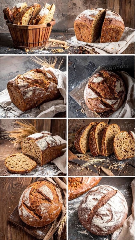 Collage of rustic loaf of whole grain bread, bread on dark rustic wooden table, great variety of grain and whole wheat bread, illustration wallpaper for bakery and healthy food lifestyle, AI generated