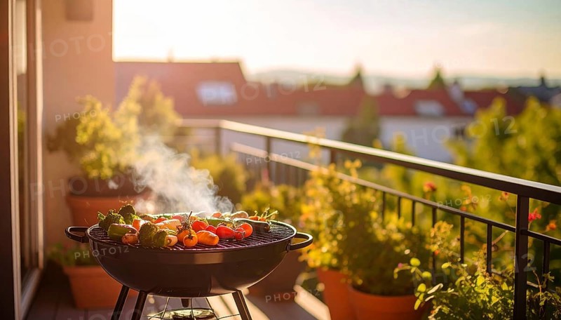 Cooking vegetables on grill on the balcony, healthy lifestyle, vegetarian barbeque, leisure time in summer, suburban setting with blurred background, soft golden light of evening, blue sky, AI generated