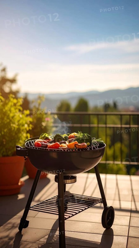 Cooking vegetables on grill on the balcony, healthy lifestyle, vegetarian barbeque, leisure time in summer, suburban setting with blurred background, soft golden light of evening, blue sky, AI generated