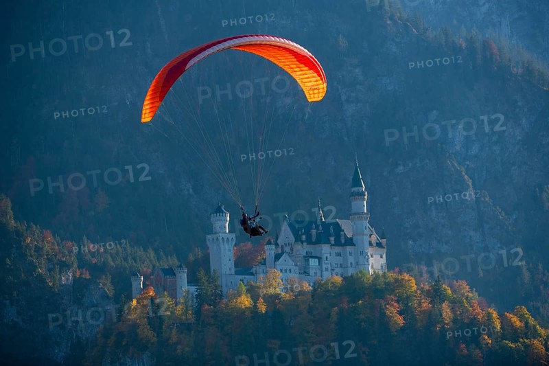 Paraglider flies in front of Neuschwanstein Castle, surrounded by autumn colors and thick forests, Schwangau, Ostallgäu, Swabia, Bavaria, Germany