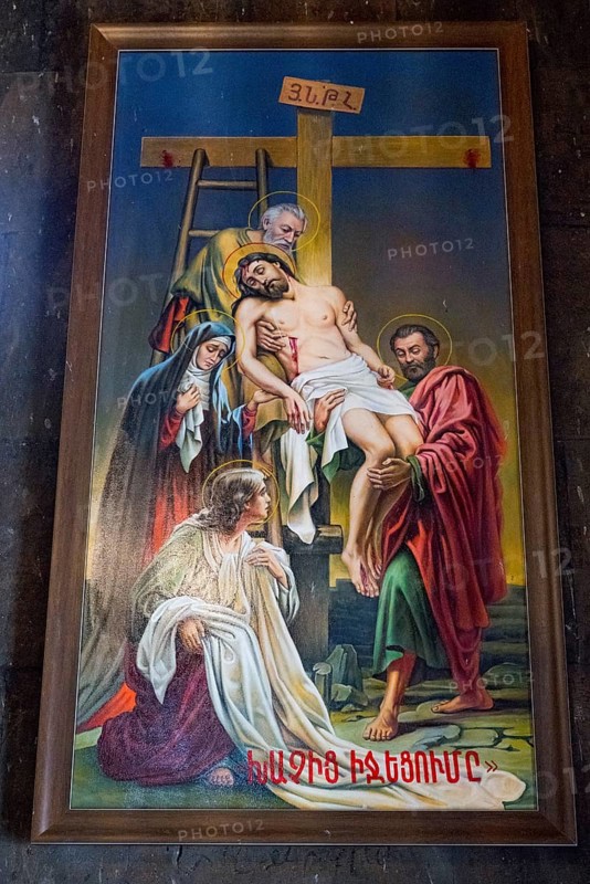 Traditional religious painting of Jesus' Descent from the Cross with several biblical figures, Khor Virap Monastery, Deep Dungeon, Ararat Province, Armenia