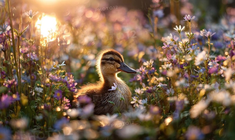 A duckling is sitting in a field of flowers. The sun is shining brightly on the scene, creating a warm and peaceful atmosphere. AI generated
