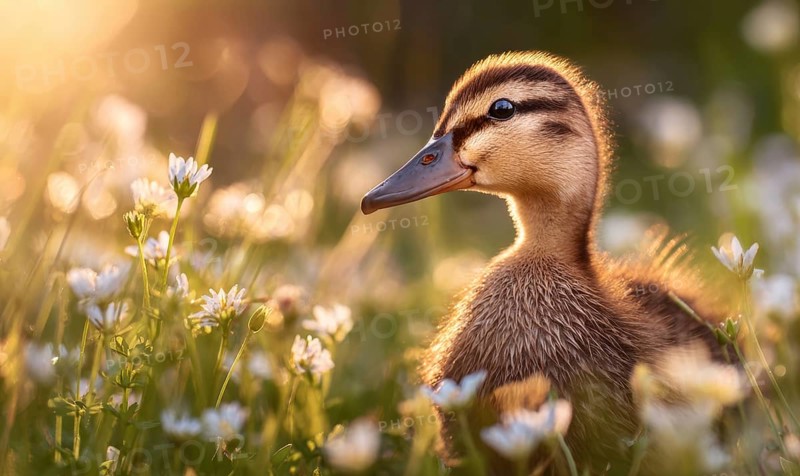 A duckling is sitting in a field of flowers. The duckling is small and brown, and it is surrounded by a lot of white flowers. The scene is peaceful. AI generated