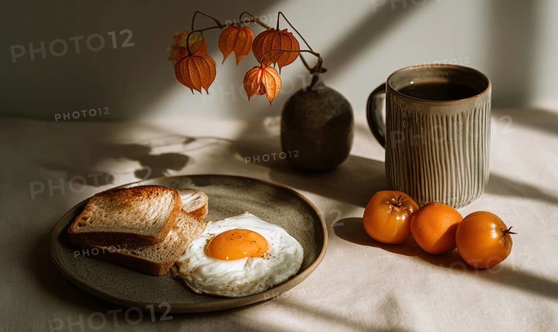 A plate of toast and eggs sits on a table next to a vase of flowers and a cup of coffee. The scene is simple and inviting, with the breakfast food. AI generated