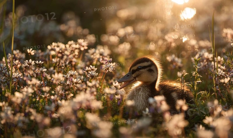 A duckling is sitting in a field of flowers. The scene is peaceful and serene, with the duckling looking up at the camera. AI generated