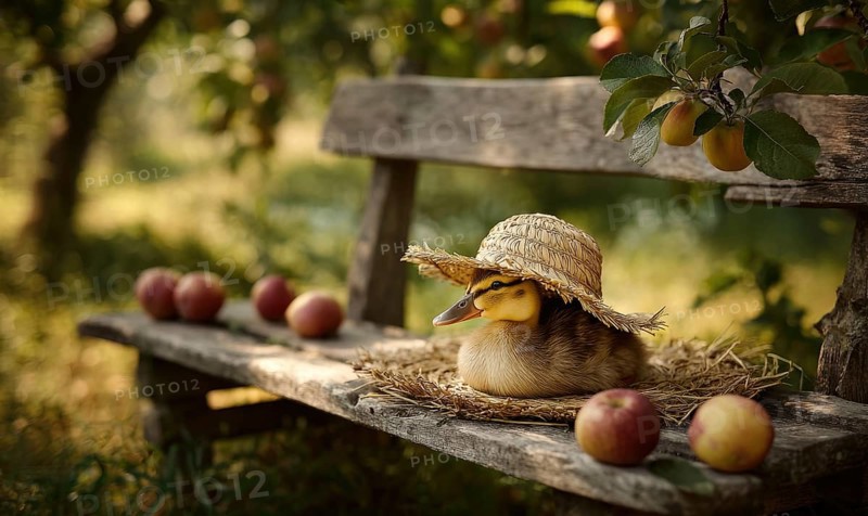 A duck wearing a straw hat is sitting on a bench with apples. The scene is peaceful and serene, with the duck looking out over the apples. AI generated