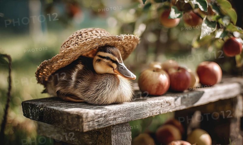 A duck wearing a straw hat is laying on a bench next to a pile of apples. The scene is peaceful and serene, with the duck looking relaxed and content. AI generated