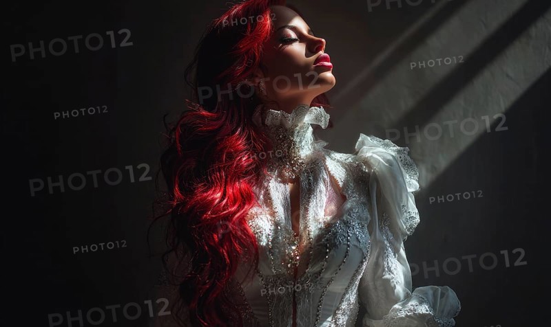 A woman with red hair and a white dress is standing in front of a window. The image has a moody and mysterious feel to it. AI generated