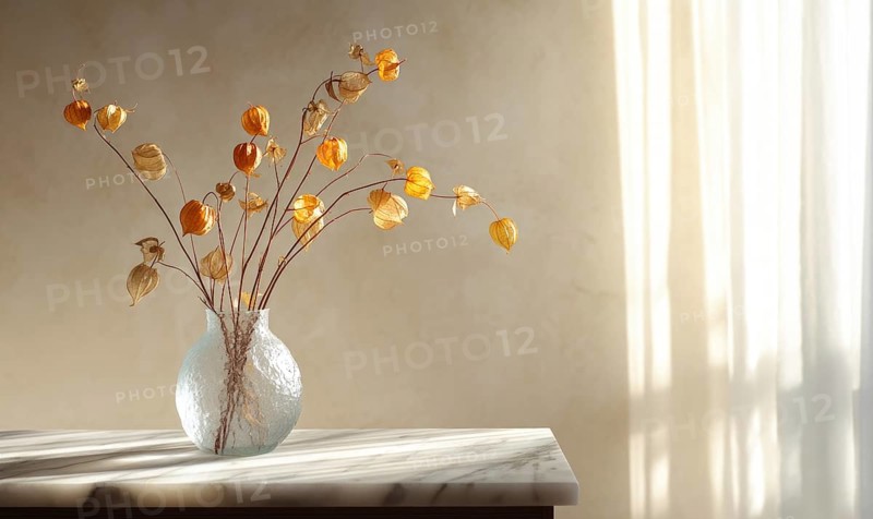 A vase of dried flowers sits on a table in a room with a window. The flowers are yellow and brown, and the vase is clear. The room is bright and sunny. AI generated