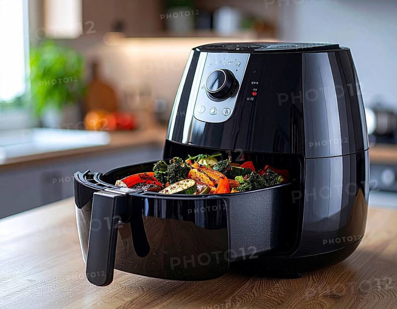 Air fryer with grilled vegetables, wooden table in the kitchen, healthy eating, healthy vegetarian lifestyle with fruits and vegetables, close up with blurred background, soft light, AI generated
